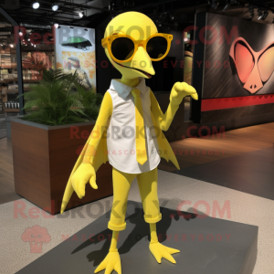 Lemon Yellow Pterodactyl mascot costume character dressed with a Henley Tee and Sunglasses