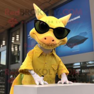 Lemon Yellow Pterodactyl mascot costume character dressed with a Henley Tee and Sunglasses