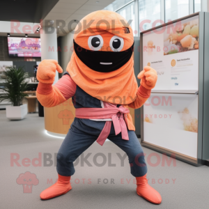 Peach Ninja mascot costume character dressed with a Jeans and Scarf clips