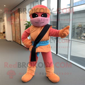 Peach Ninja mascot costume character dressed with a Jeans and Scarf clips