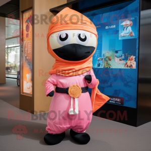 Peach Ninja mascot costume character dressed with a Jeans and Scarf clips