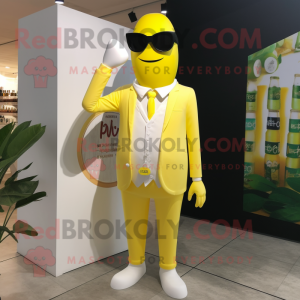 Lemon Yellow Bottle Of Milk mascot costume character dressed with a Suit Pants and Sunglasses