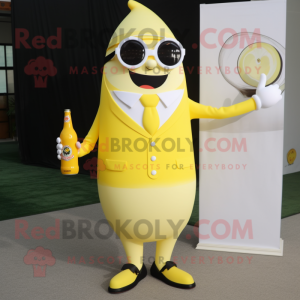 Lemon Yellow Bottle Of Milk mascot costume character dressed with a Suit Pants and Sunglasses