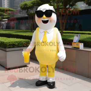 Lemon Yellow Bottle Of Milk mascot costume character dressed with a Suit Pants and Sunglasses