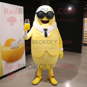 Lemon Yellow Bottle Of Milk mascot costume character dressed with a Suit Pants and Sunglasses