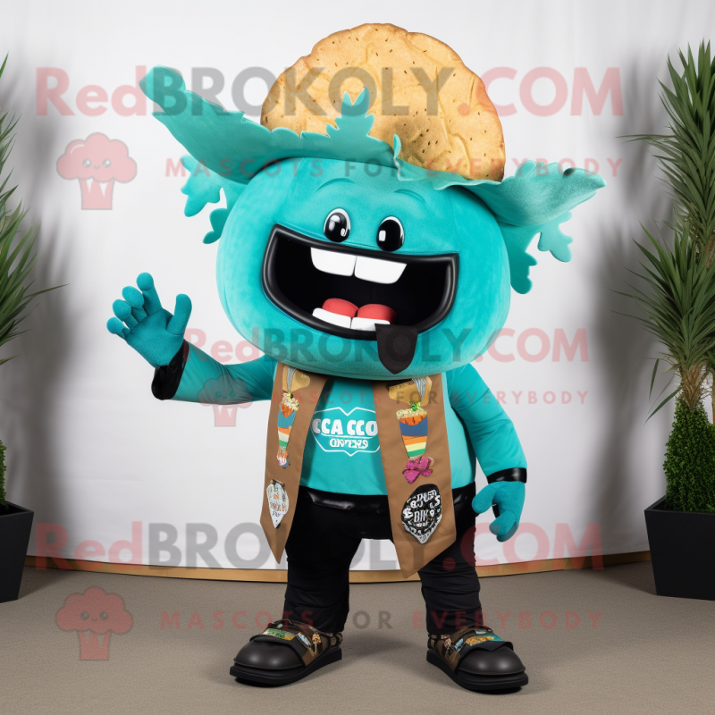 Cyan Tacos mascot costume character dressed with a Leather Jacket and Shoe clips Cyan Tacos mascot costume character dressed with a Leather Jacket and Shoe clips