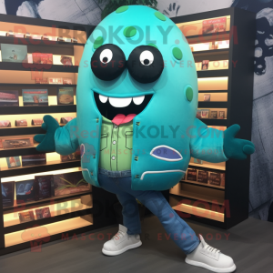 Cyan Tacos mascot costume character dressed with a Leather Jacket and Shoe clips