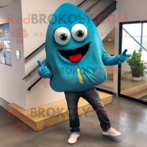 Cyan Tacos mascot costume character dressed with a Leather Jacket and Shoe clips