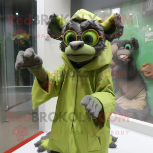 Olive Gargoyle mascot costume character dressed with a Raincoat and Eyeglasses