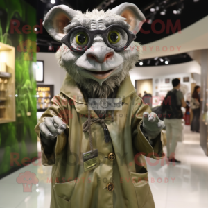 Olive Gargoyle mascot costume character dressed with a Raincoat and Eyeglasses