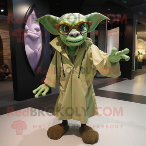 Olive Gargoyle mascot costume character dressed with a Raincoat and Eyeglasses