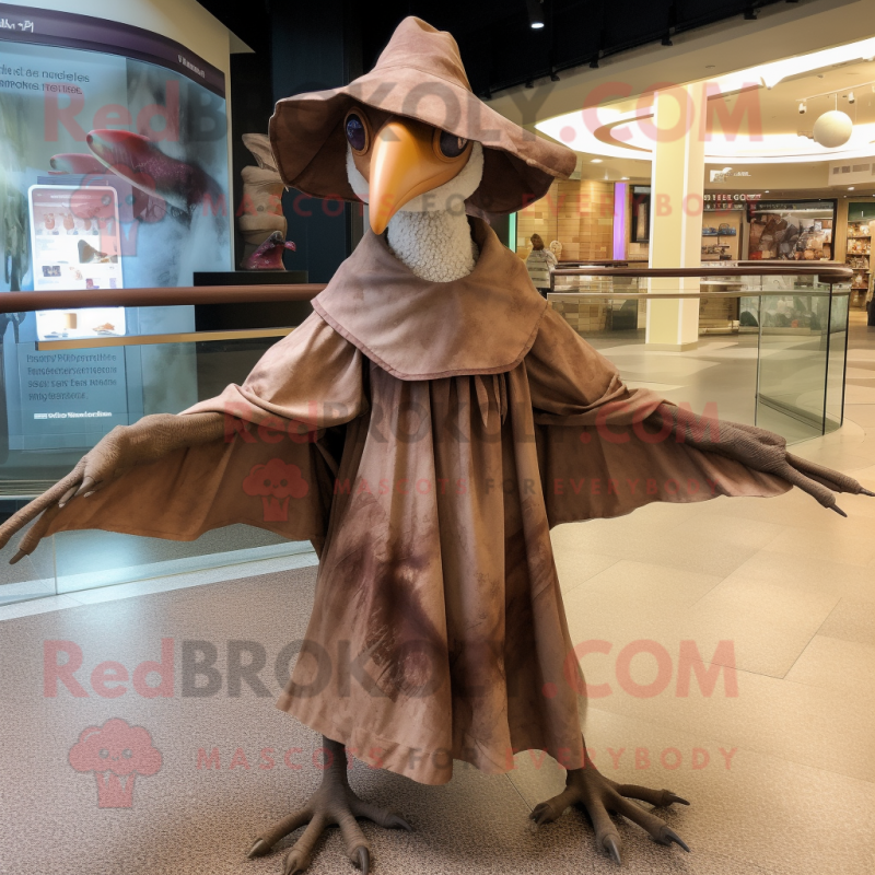 Brown Pterodactyl mascot costume character dressed with a Wrap Dress and Hats Brown Pterodactyl mascot costume character dressed with a Wrap Dress and Hats