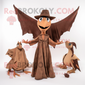 Brown Pterodactyl mascot costume character dressed with a Wrap Dress and Hats