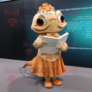 Tan Goldfish mascot costume character dressed with a Dress and Reading glasses