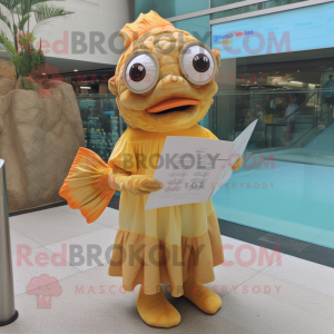 Tan Goldfish mascot costume character dressed with a Dress and Reading glasses