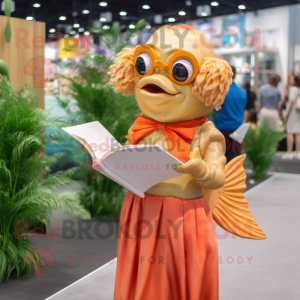 Tan Goldfish mascot costume character dressed with a Dress and Reading glasses