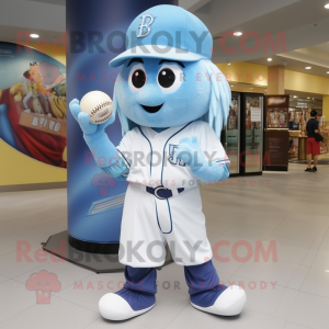 Sky Blue Wizard mascot costume character dressed with a Baseball Tee and Backpacks
