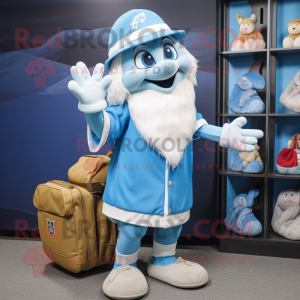 Sky Blue Wizard mascot costume character dressed with a Baseball Tee and Backpacks