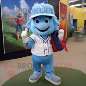 Sky Blue Wizard mascot costume character dressed with a Baseball Tee and Backpacks