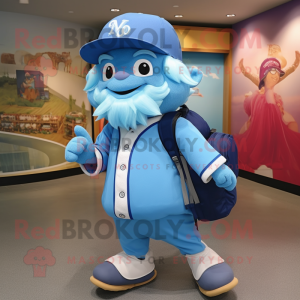 Sky Blue Wizard mascot costume character dressed with a Baseball Tee and Backpacks