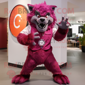 Magenta Werewolf mascot costume character dressed with a Dress Pants and Watches