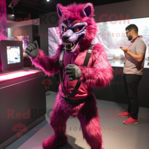 Magenta Werewolf mascot costume character dressed with a Dress Pants and Watches