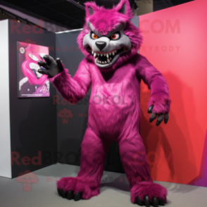 Magenta Werewolf mascot costume character dressed with a Dress Pants and Watches