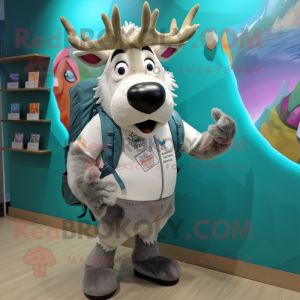 Silver Elk mascot costume character dressed with a Bermuda Shorts and Backpacks