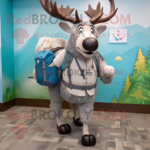 Silver Elk mascot costume character dressed with a Bermuda Shorts and Backpacks