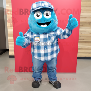 Sky Blue Raspberry mascot costume character dressed with a Flannel Shirt and Earrings