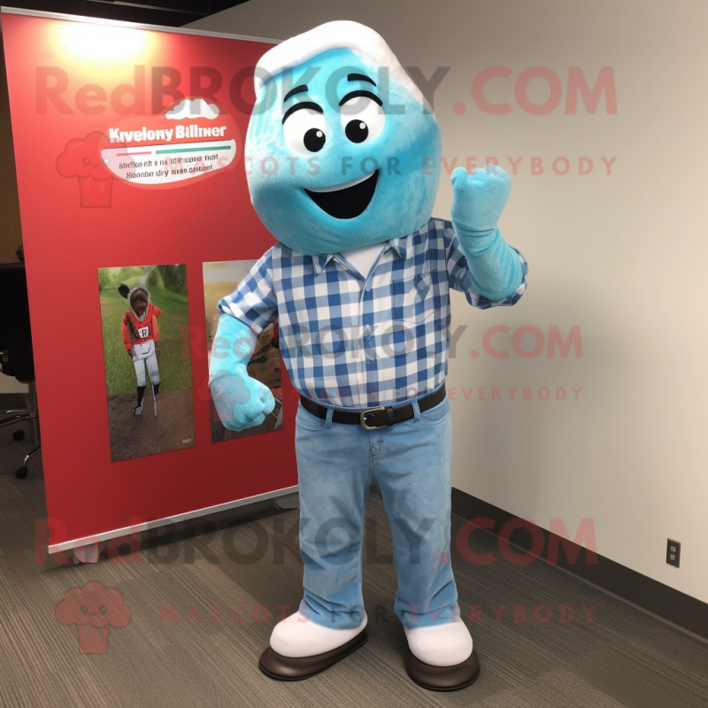 Sky Blue Raspberry mascot costume character dressed with a Flannel Shirt and Earrings