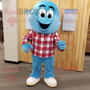 Sky Blue Raspberry mascot costume character dressed with a Flannel Shirt and Earrings