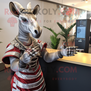 Silver Okapi mascot costume character dressed with a Cocktail Dress and Lapel pins