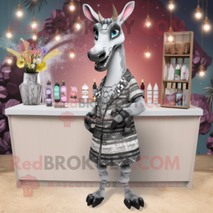 Silver Okapi mascot costume character dressed with a Cocktail Dress and Lapel pins