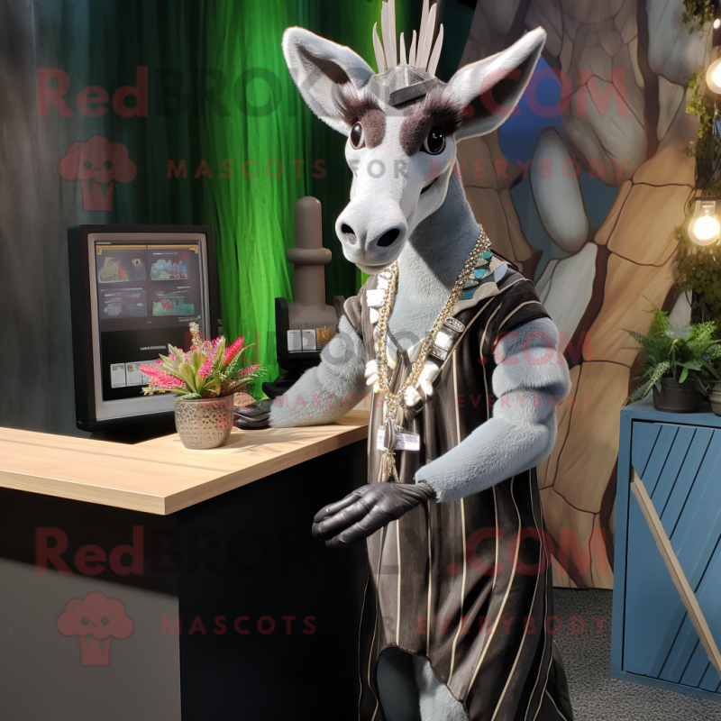 Silver Okapi mascot costume character dressed with a Cocktail Dress and Lapel pins Silver Okapi mascot costume character dressed with a Cocktail Dress and Lapel pins