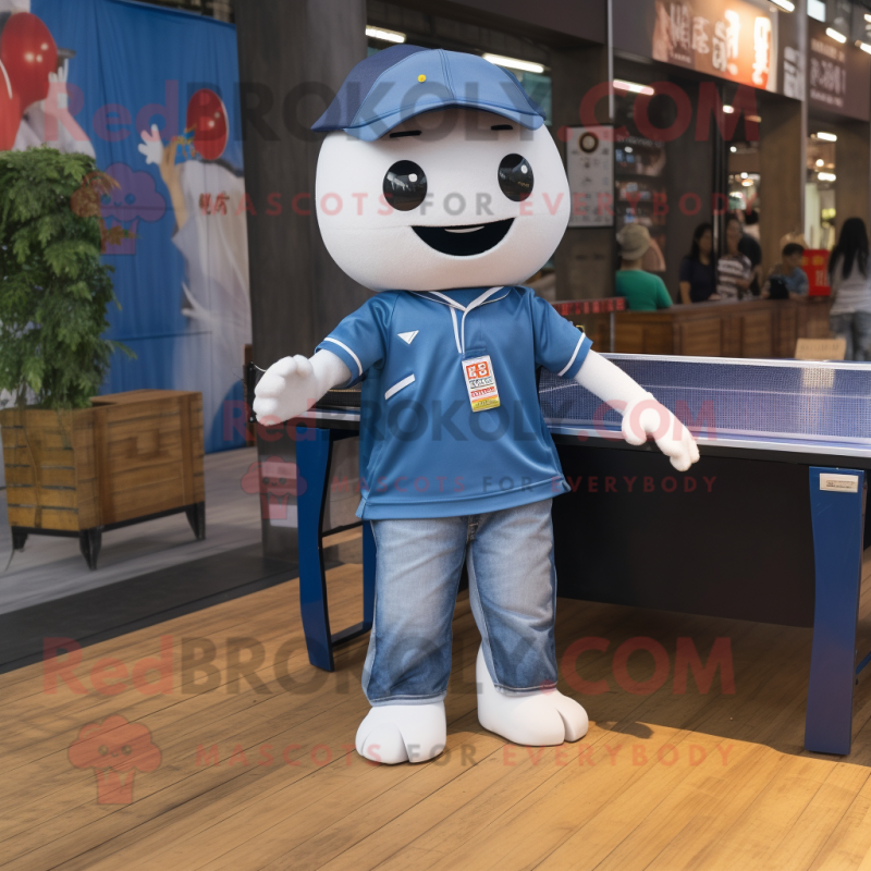 nan Ping Pong Table mascot costume character dressed with a Jeans and Suspenders nan Ping Pong Table mascot costume character dressed with a Jeans and Suspenders