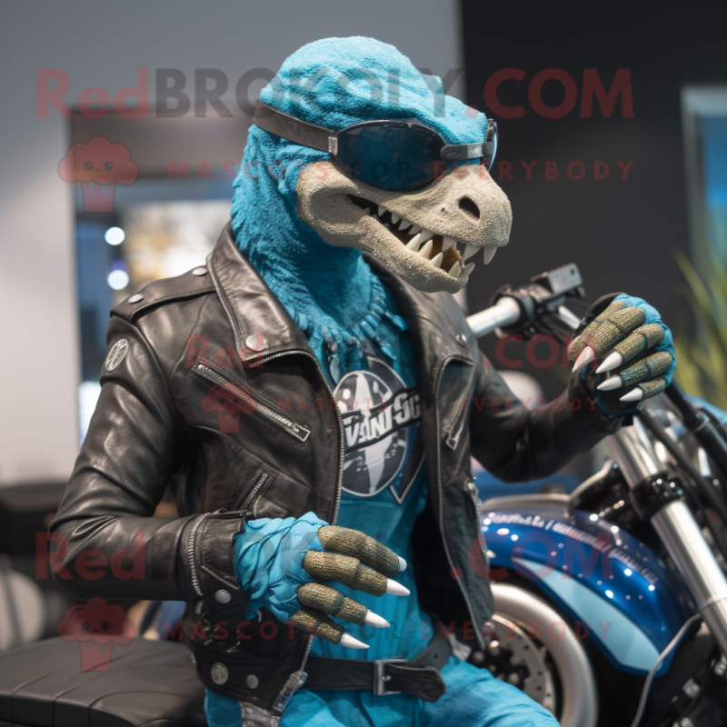 Turquoise Deinonychus mascot costume character dressed with a Biker Jacket and Smartwatches