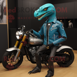 Turquoise Deinonychus mascot costume character dressed with a Biker Jacket and Smartwatches