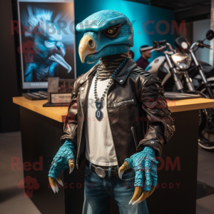 Turquoise Deinonychus mascot costume character dressed with a Biker Jacket and Smartwatches