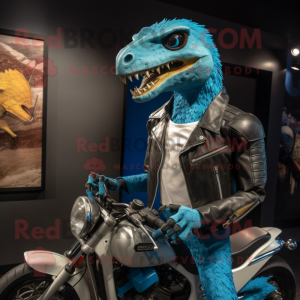 Turquoise Deinonychus mascot costume character dressed with a Biker Jacket and Smartwatches