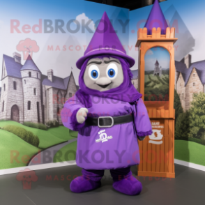 Purple Irish Castle mascot costume character dressed with a Windbreaker and Clutch bags
