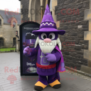 Purple Irish Castle mascot costume character dressed with a Windbreaker and Clutch bags