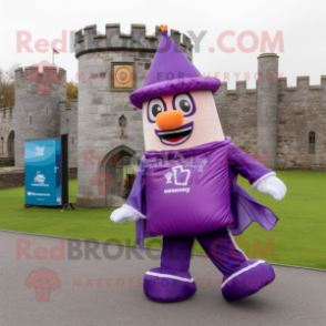 Purple Irish Castle mascot costume character dressed with a Windbreaker and Clutch bags