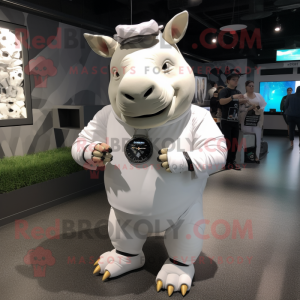 White Rhinoceros mascot costume character dressed with a T-Shirt and Bracelet watches