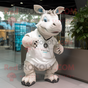 White Rhinoceros mascot costume character dressed with a T-Shirt and Bracelet watches