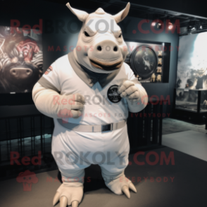 White Rhinoceros mascot costume character dressed with a T-Shirt and Bracelet watches