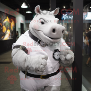 White Rhinoceros mascot costume character dressed with a T-Shirt and Bracelet watches