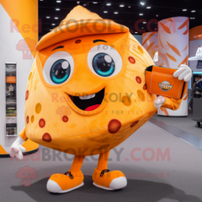 Orange Pizza Slice mascot costume character dressed with a Sweatshirt and Handbags
