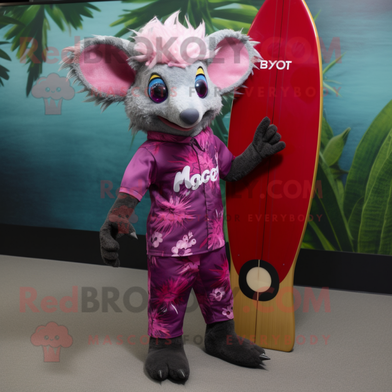 Magenta Aye-Aye mascot costume character dressed with a Rash Guard and Pocket squares Magenta Aye-Aye mascot costume character dressed with a Rash Guard and Pocket squares