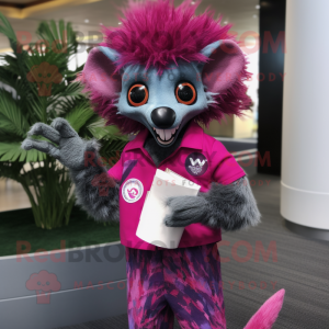 Magenta Aye-Aye mascot costume character dressed with a Rash Guard and Pocket squares